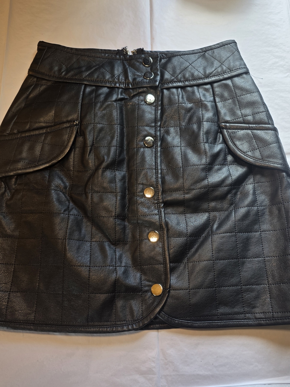privy Black Quilted Faux Leather Button-Front Mini Skirt